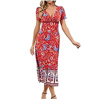 Women Short Sleeve Casual Long Dress Deep V-Neck Empire Waist Midi Dresses 2024 Summer Floral Print Boho Sundresses