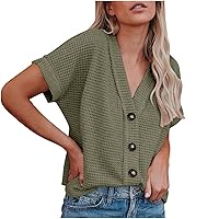Womens Plus Size Tops Summer Short Sleeve T Shirt V Neck Knit Tunic Blouse Solid Color Comfy Button Up T Shirts