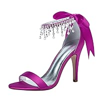 Womens Pendant Rhinestones Heeled Sandals Silver Satin Wedding Bride Dress Party Evening Shoes 10.5CM Job Shoes Rose US 9.5