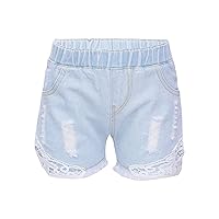 TiaoBug Kids Girls Denim Shorts 2 Pockets Ripped Shorts Straight Leg Summer Jeans Shorts Cut Off Hot Pants with Lace