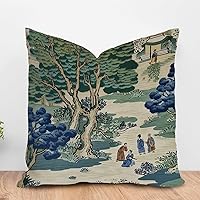 ArogGeld Asian Dynasty Garden Throw Pillow Cover Blue and Green Scenic Chinoiserie Decorative Cushion Cover Chinoiserie Chic Farmhouse Pillow Sham for Living Room Bedroom 18x18in White Flax