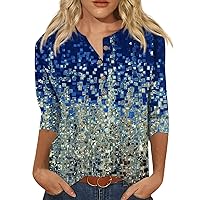 Women Tops 3/4 Sleeve Slim Fit Tshirts 2023 Summer Blouse Floral Ethnic Button Down Shirts V Neck Slim Cute Tees