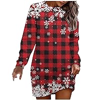 2023 Oversized Christmas Sweatshirt Dress for Women Classic Plaid Snowflake Long Sleeve Crewneck Casual Mini Dress