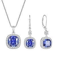 Princess Cut Jewelry Set for Women 925 Sterling Silver Tanzanite December Birthstone Necklace Halo Dangle Drop Leverback Earrings Jewelry Gifts for Her