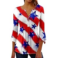 Block Tunic Tops for Women Independence Day Crewneck Casual Blouse Buttons Pleated 3/4 Beach Hawaiian Shirt