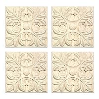 4 Pcs Decorative Wood Carved Appliques Onlays, 3.9 x 3.9inch Unpainted Solid Wood Square Carving Decal for Furniture Cabinet Closet Decoration (3.9inch-4pcs-Type1)