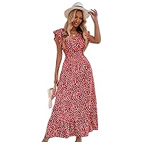 Women's Allover Print Ruffle Sleeve V Neck Ruffle Hem A Line Summer Maxi Dress