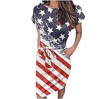 July 4th Women Belted Waist-Defined USA Flag Pencil Dress Short Sleeve Crewneck Summer Dressy Patriotic Sheath Dress