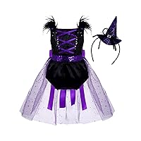Kids Girls Witch Costumes Toddler Fairytale Witch Tutu Dress with Witch Hat Halloween Cosplay Party Fancy Dress Up