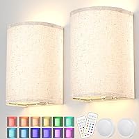 PESUTEN 2 Wall Sconce Lighting Decor Set16 RGB Colors Changeable Wall Lamp Fabric Linen Shade Wireless Dimmable Wall Lamp Fixtures Living Room Bedroom Hallway Stairway