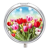 Spring Flowers5 Pill Box 3 Compartment Small Pill Case Portable Pill Box for Pocket Or Purse Round Metal Pill Box Cute Medicine Organizer Holder to Hold Vitamins Medication