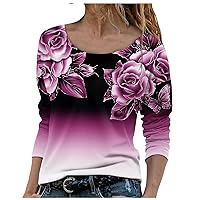 T Shirts for Women Floral Pattern Printing Tee Tops Long Sleeves Crewneck Party Blouses T-Shirts Fashion Leisure Tunics