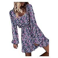 Women's Short Sleeve Knee Length Flowy Print Swing Round Neck Glamorous Dress Beach Casual Loose-Fitting Summer Purple