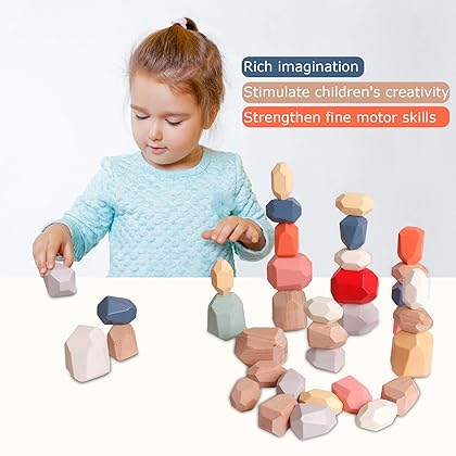 Dinhon 36pcs Colorful Blue Wood Stone Stacking Game Wooden Building Block Set Lightweight Natural Balance Weight Colorful Rock Block Educational Educational Toy