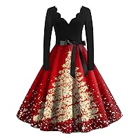 Women's Christmas Dresses 2023 Casual Fashion Snowflake Printed V-Neck Retro Dress Plus, S-2XL