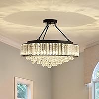 YYJLX 6-Light Modern Large Crystal Chandelier Black Metal E26 Semi Flush Mount Round Light Fixture Ceiling Lamp Farmhouse for Dining Living Room Laundry Foyer Kitchen Balcony Bedroom