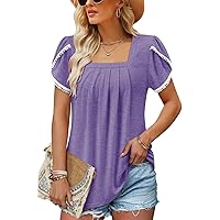 BETTE BOUTIK Womens Summer Tops Pleated Short Sleeve Square Neck Tunics Blouses Shirts