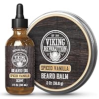 Viking Revolution Spiced Vanilla Beard Balm for Men and Beard Oil Bundle - With Argan and Jojoba Oils - Soften and Moisturize your Beard