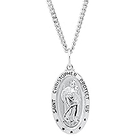 Amazon Collection Oval Saint Christopher Medal Necklace with Rhodium Plated Stainless Steel Chain, 20