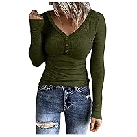 HAYUMI Women’s Long Sleeve V-Neck T Shirts Button Down Slim Fit Tops Scoop Neck Ribbed Knit Shirts