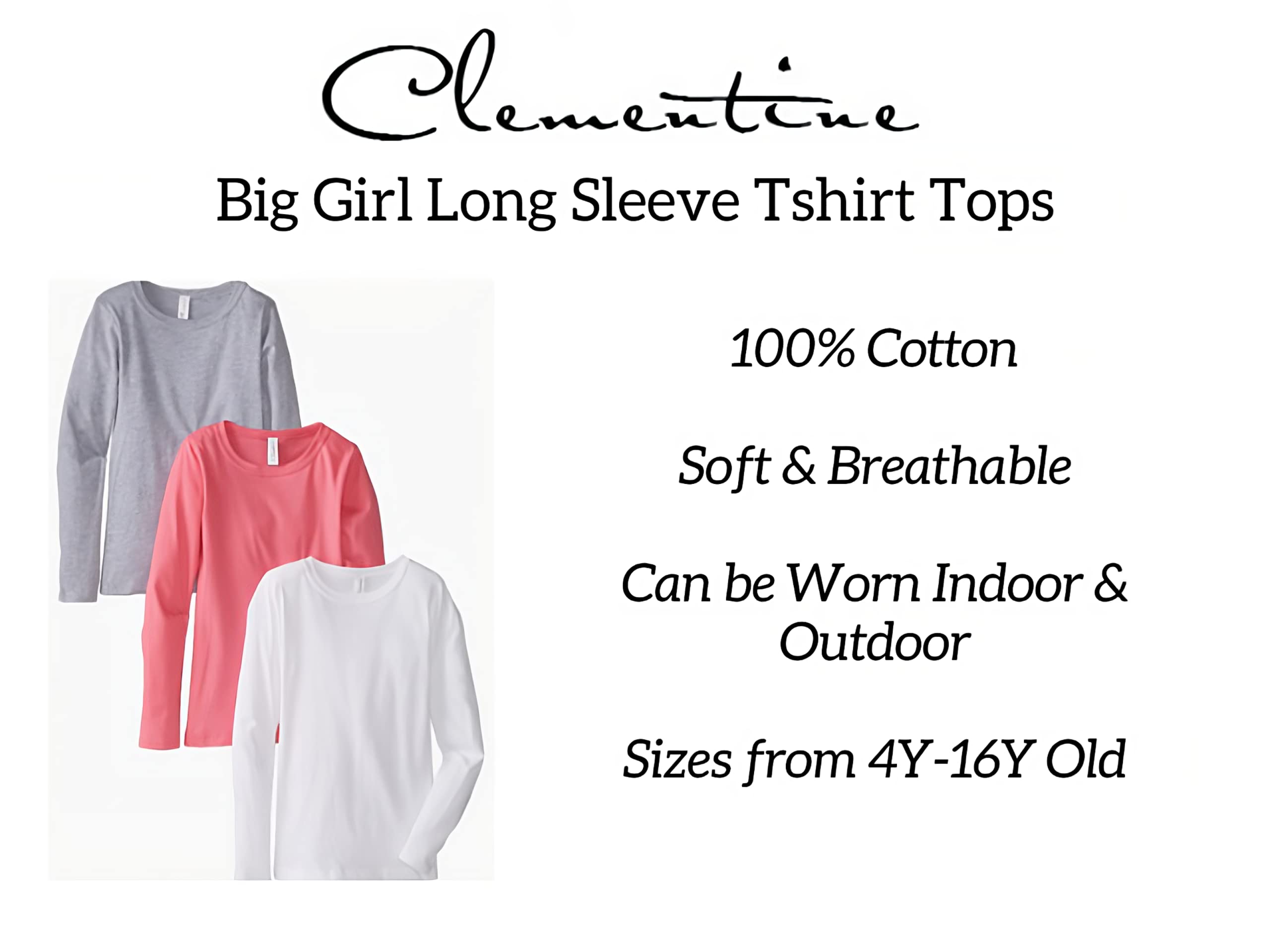Clementine Apparel 3-Pack Big Girls Tween Youth Crew Neck Long Sleeve T Shirts
