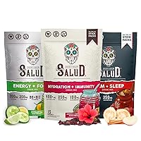 Salud Variety 3-Pack | 2-in-1 Calm + Sleep (Punch), Hydration + Immunity (Hibiscus) & Energy + Focus (Cucumber Lime) - 15 Servings Each, Drink Mix, Non-GMO, Gluten Free, Low Calorie, 1g of Sugar