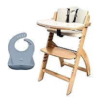 Abiie Beyond Junior Natural Wood/Dove Grey Cushion Convertible 3-in-1 Wooden High Chairs for 6 Months to 250 lbs, and Ruby Wrapp Grey Waterproof Silicone Bibs w/Front Pocket - Baby Essentials