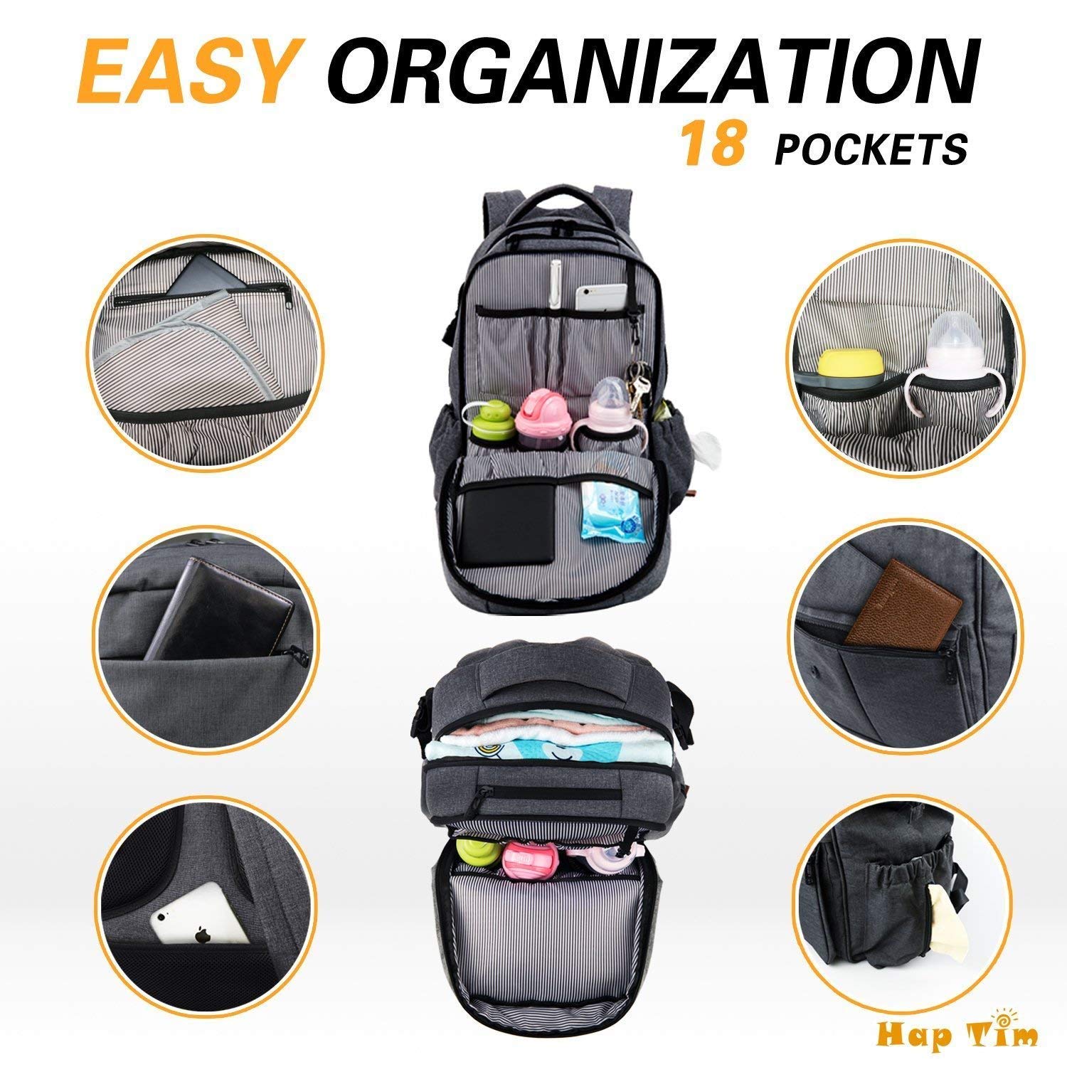 Hap Tim Multi-function Large Baby Diaper Bag Backpack W/Stroller Straps-Insulated Bottle Pockets-Changing Pad,Stylish & Durable(Dark Gray-5284)