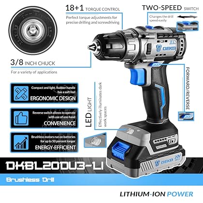Cordless drill set, DEKO 20V Brushless Drill Driver Kit, 3/8-Inch Keyless Chuck Drill Driver, 371 In-lbs Torque, 18+1 Torque Setting, 2-Variable Speed, Power drill with 1.5A Battery