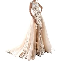 Women's Illusion Neckline Wedding Dresses Lace Mermaid Bridal Gown with Detachable Train