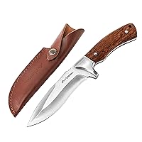 Flissa Fixed Blade Knife with Sheath, 9.8'' Full Tang Hunting Knife with High Carbon Steel Blade, Non-Slip Rose Wooden Handle, Lanyard Hole, Camping Knife for Hiking, Outdoor, Hunting, Survival, Camping
