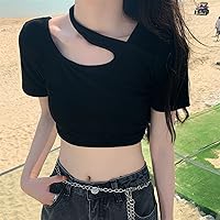 GANG Summer 2022 Casual Slim fit Black Cutout Short Sleeve Crop top T-Shirt