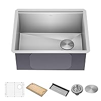KRAUS KWU111-23 Kore Workstation 23-inch Undermount 16 Gauge Single Bowl Stainless Steel Kitchen Sink with Integrated Ledge and Accessories (Pack of 5)