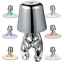 Thinker Lamp Collection, Touch Table Lamp Cordless Rechargeable Desk Lamp Silver Cute Decor Thinker Statue Battery Operated Night Light for Home Office, Bedroom, Living Room (Mr. When)