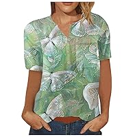 Women's Summer Casual Tops Fashion Printed Pattern Button Down Chest Pocket Short Sleeve Shirt Cotton Shirts, S-4XL