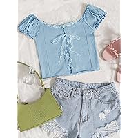 Women's Tops Shirts for Women Sexy Tops for Women Lace Up Frill Trim Knit Top Tops (Color : Baby Blue, Size : Large)