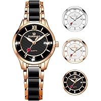 GUANHAO White Ceramic Watches for Women with Diamond Dial, Date Calendar Ladies Fashion Watch Waterproof, Stainless Steel Wristwatch Quartz