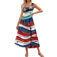 Summer Dresses for Women 2024 Independence Day Print Square Neck Sleeveless Sundress Flowy Comfy Beach Party Dress
