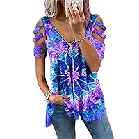 Andongnywell Women's Print Cold Shoulder Casual Tops Short Sleeve Zip Up V Neck Tunic T Shirt Blouse Plus Size Tunic Tops