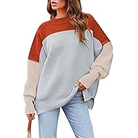 Women's 2023 Fall Casual Oversized Sweater Crewneck Batwing Sleeve Side Slit Ribbed Knit Pullover Tops