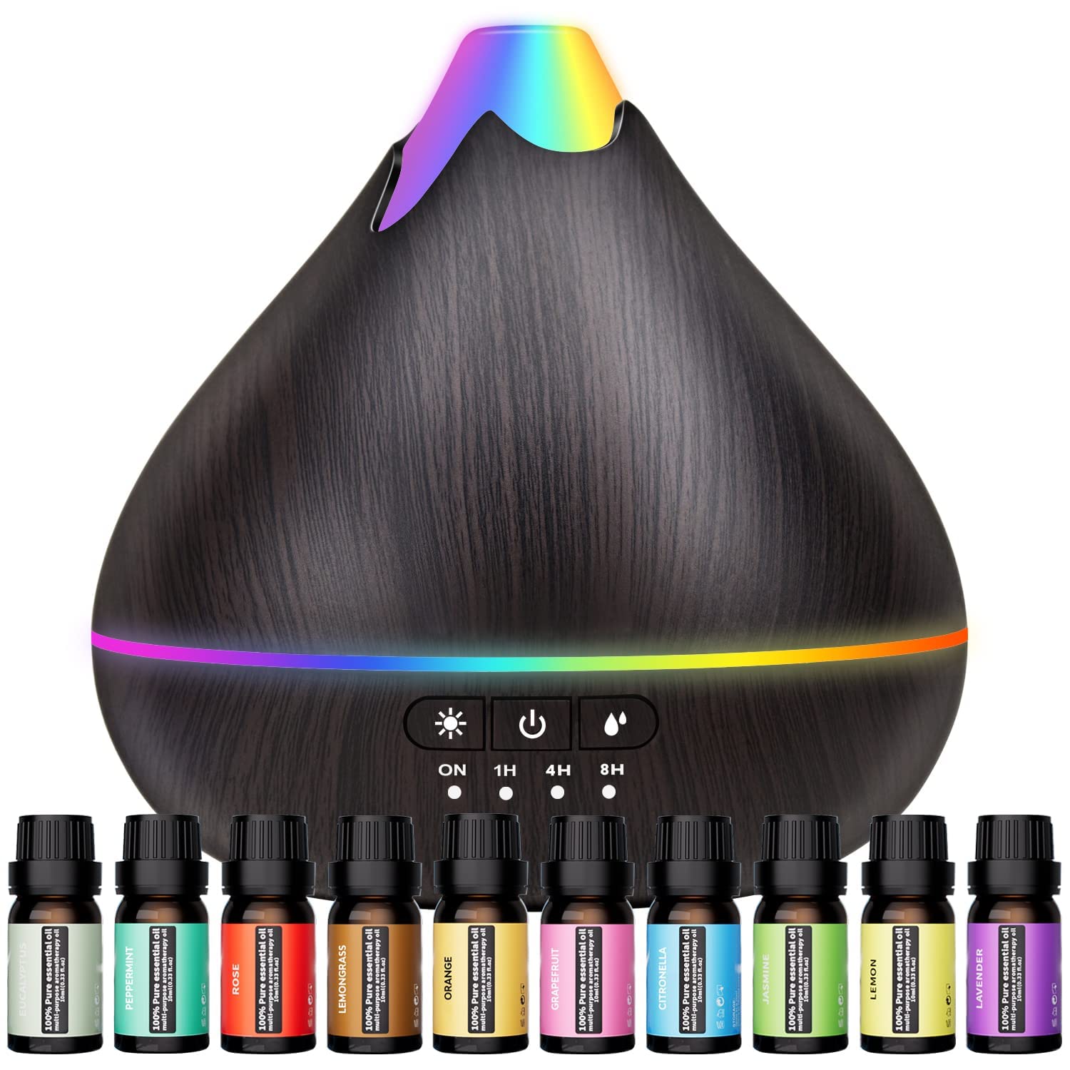 Essential Oil Diffusers 550ml ,10 Essential Oils Diffuser Gift Set,Advanced Ceramic Ultrasonic Technology Aromatherapy Diffusers Auto Shut-Off for 15 Ambient Light Settings（Black）