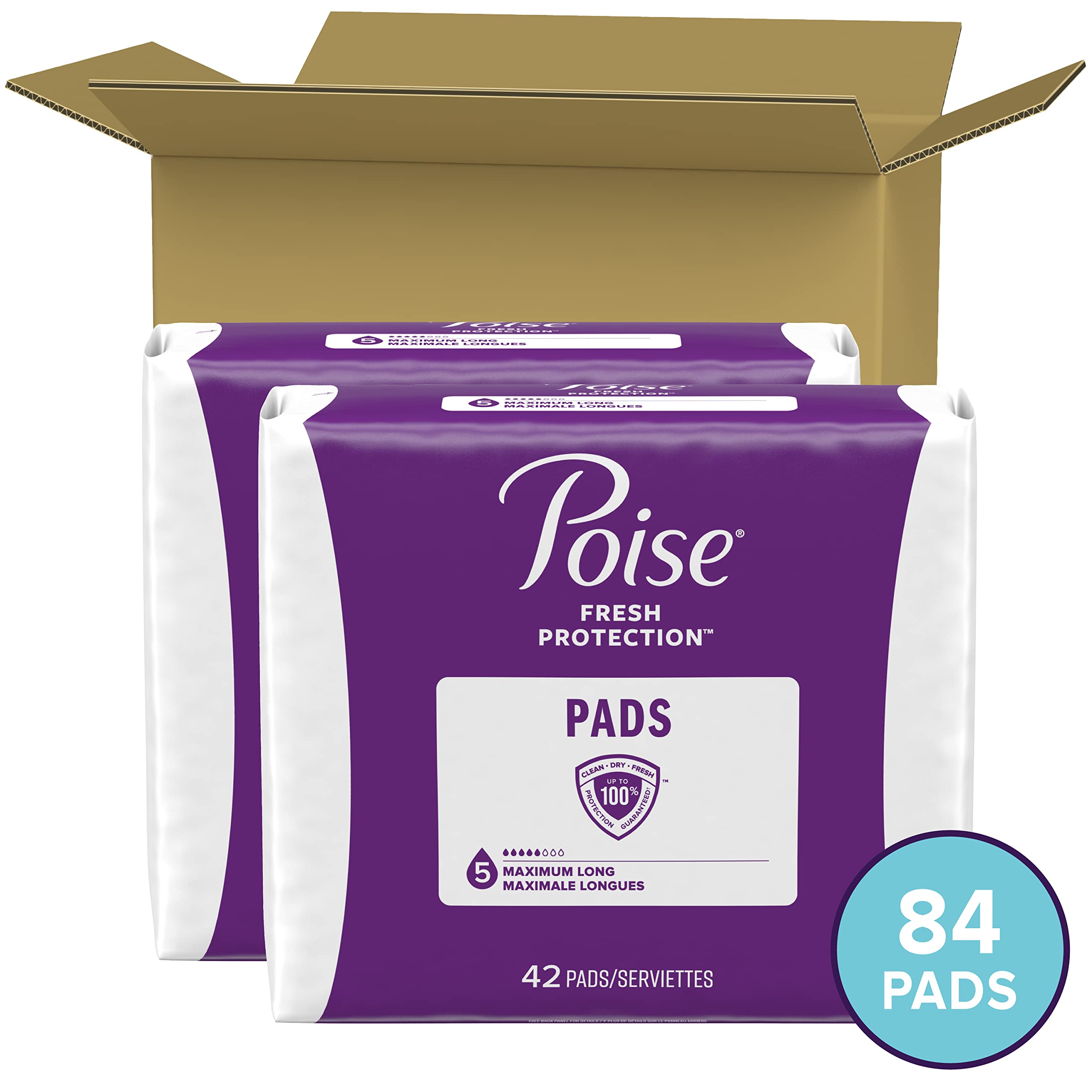 Poise Incontinence Pads & Postpartum Incontinence Pads, 5 Drop Maximum Absorbency, Long Length, 84 Count, Packaging May Vary