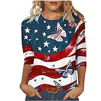 Black of Friday Deals Now Shirts for Women Summer 3/4 Sleeve Crew Neck Patriotic Blouse Dressy Casual T-Shirt American Flag Print Graphic Tees
