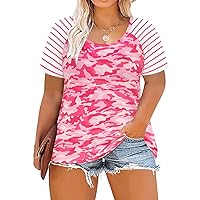 RITERA Plus Size Tops for Women Pink Camo Color Block Tunic Oversized Raglan Shirt for Ladies Summer Camouflage Round Neck Blouse 1X 14W 16W