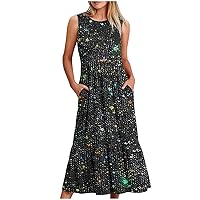 Warehouse Amazon Outlet Store Women Crewneck Summer Dresses Sleeveless Ruffle Long Dress with Pockets 2023 Casual Swing Sundress Long Dress Casual Sun Dresses Black
