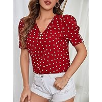 Women's Tops Women's Shirts Confetti Heart Print Puff Sleeve Button Detail Blouse Women's Tops Shirts for Women (Color : Burgundy, Size : Large)