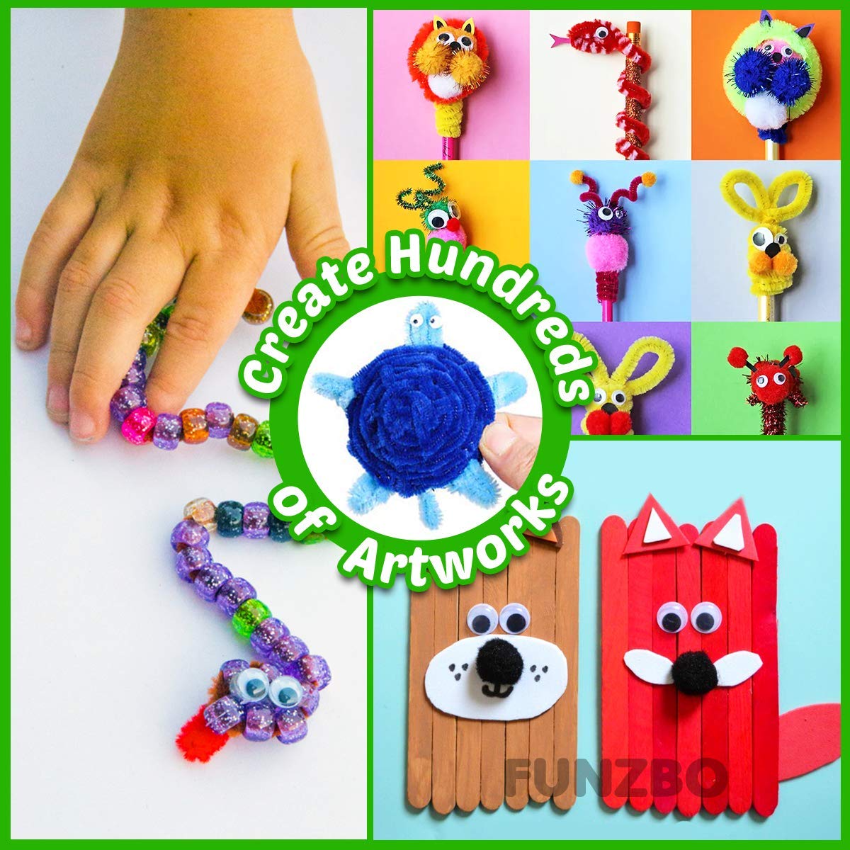 FUNZBO Arts and Crafts Supplies for Kids - Craft Supplies, Craft Kits with Pipe Cleaners, Pom Poms for Crafts & Gloogly Eyes, Crafts for Kids Ages 4-8, 4-6, 8-12, Preschool Supplies