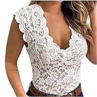 Women Lace Tank Top Sexy See Through Lingerie Vest Cap Sleeve Scallop Trim V Neck Blouse Casual Slim Hollow Out Shirt