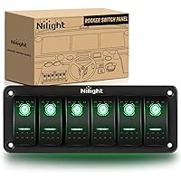 Nilight 6 Gang Rocker Switch Panel 5Pin On Off Toggle Switch Aluminum Holder 12V 24V Dash Pre-Wired Green Backlit Switches for Automotive Cars Marine Boats RVs Truck, 2 Years Warranty