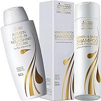 Vitamins Keratin Shampoo and Thin Hair Leave-In Cream Kit - Renewing Cleanser for Clean Luminous Blowout Look and Ultra Hydrating Leave-In Conditioner For Dry Damaged Thin Hair - Pro Salon Hair Care